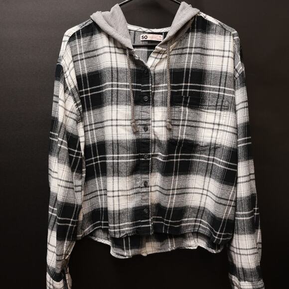 SO Cropped Shacket Hoodie Button Front Black White Check Tie Front - Picture 6 of 10